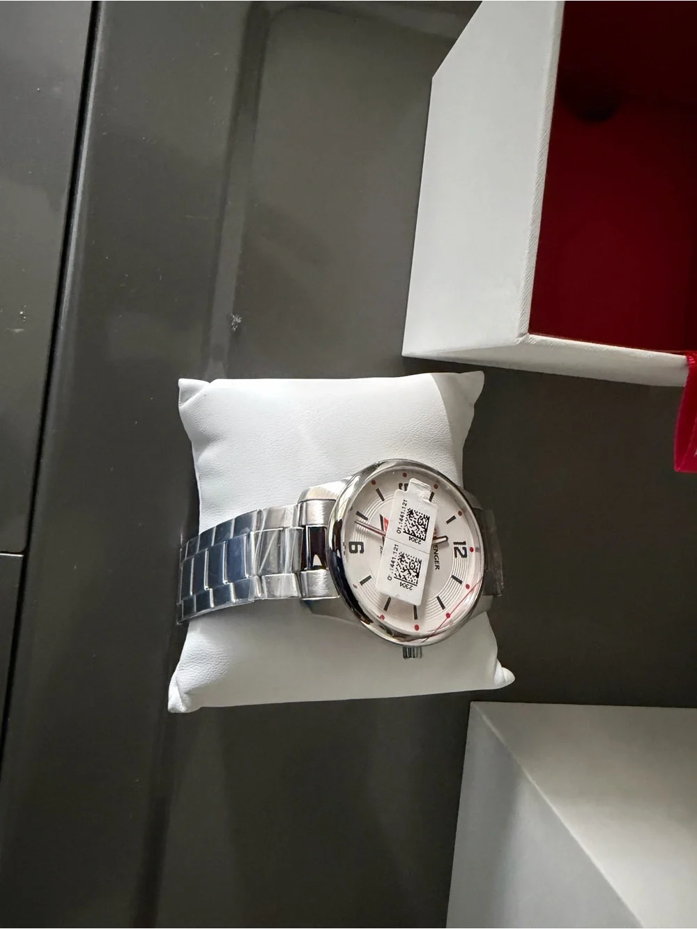 Wenger Men's Silver Watch with White Dial and Red Accents